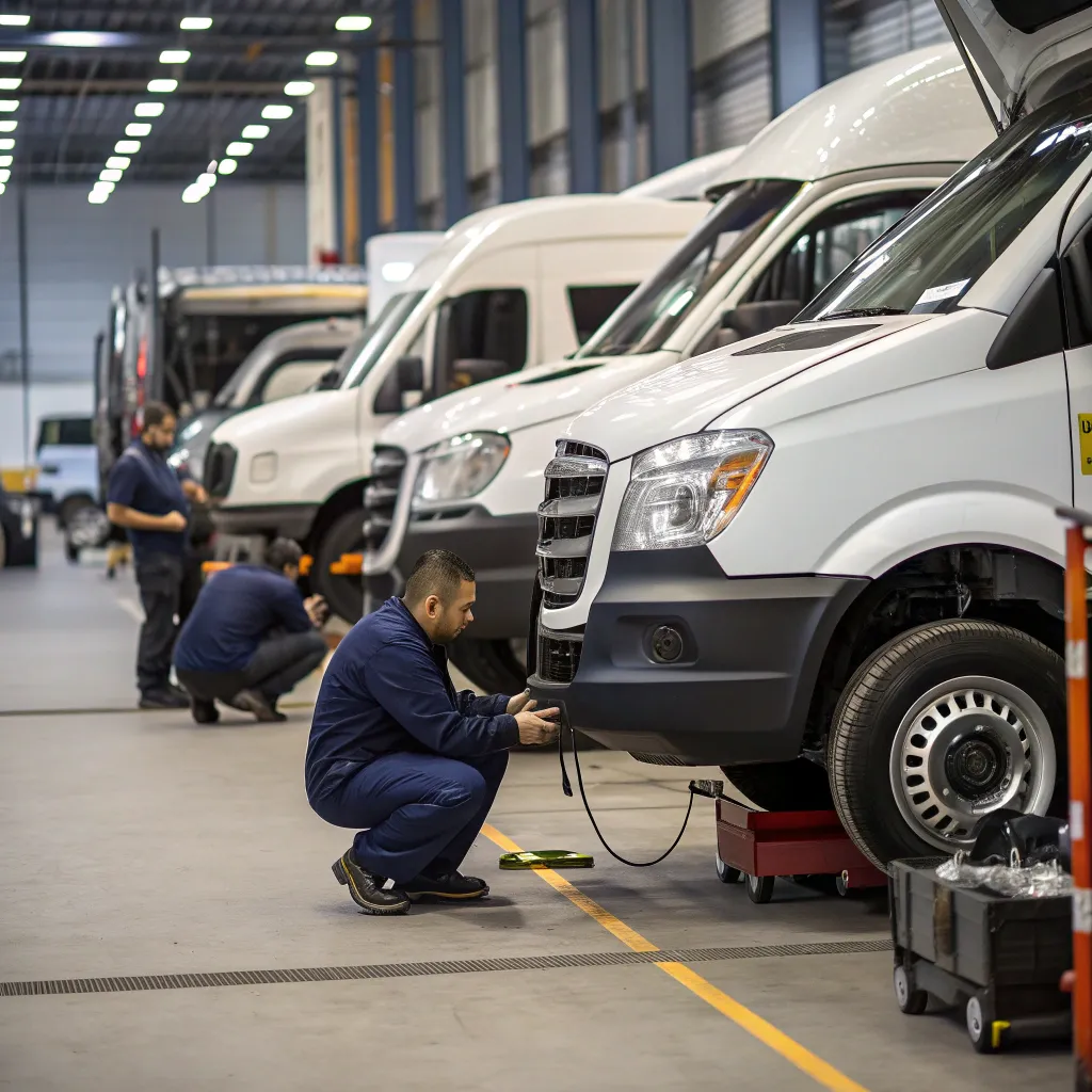 Fleet of vans and trucks receiving maintenance